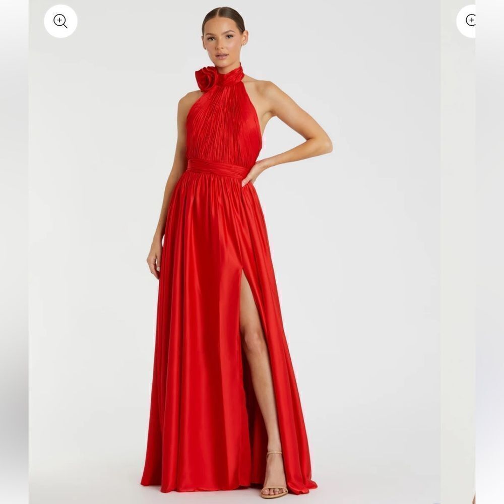 NWT Mac Duggal Red Soft Tie Halter Neck High Slit Gown dress rosette chiffon 0